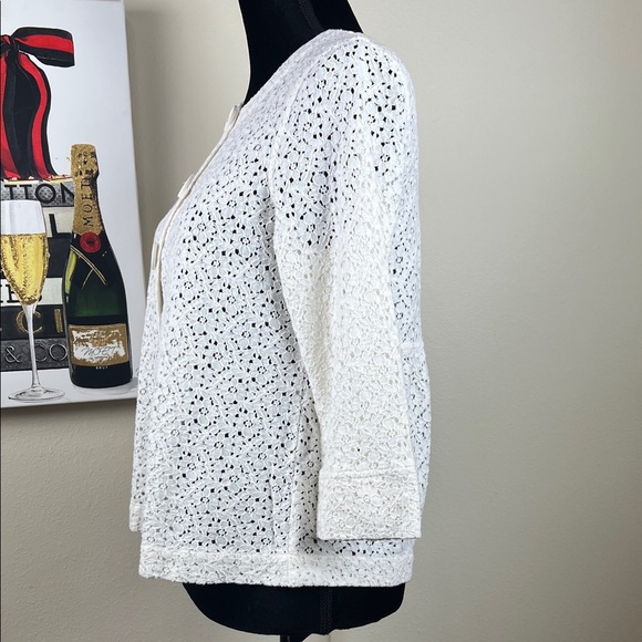 Westbound White Cotton Floral Lace Two Button Cardigan | Size Petite Medium - Picture 3 of 10